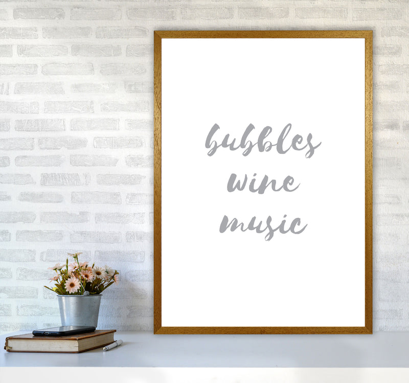 Bubbles Wine Music Grey, Bathroom Framed Typography Wall Art Print A1 Print Only