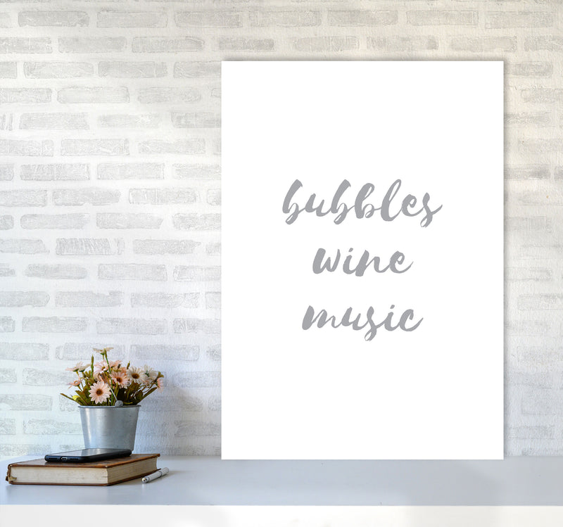 Bubbles Wine Music Grey, Bathroom Framed Typography Wall Art Print A1 Black Frame