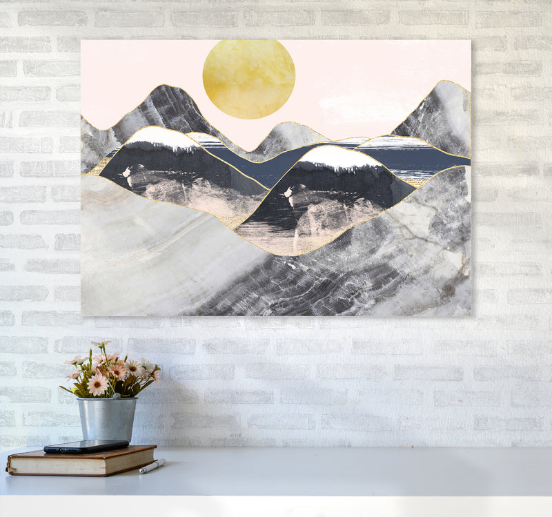Gold Moon Navy Marble Mountains Landscape  Art Print by Pixy Paper A1 Black Frame