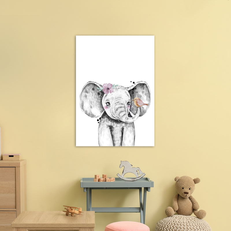 Safari Babies Elephant With Flower  Art Print by Pixy Paper A1 Black Frame