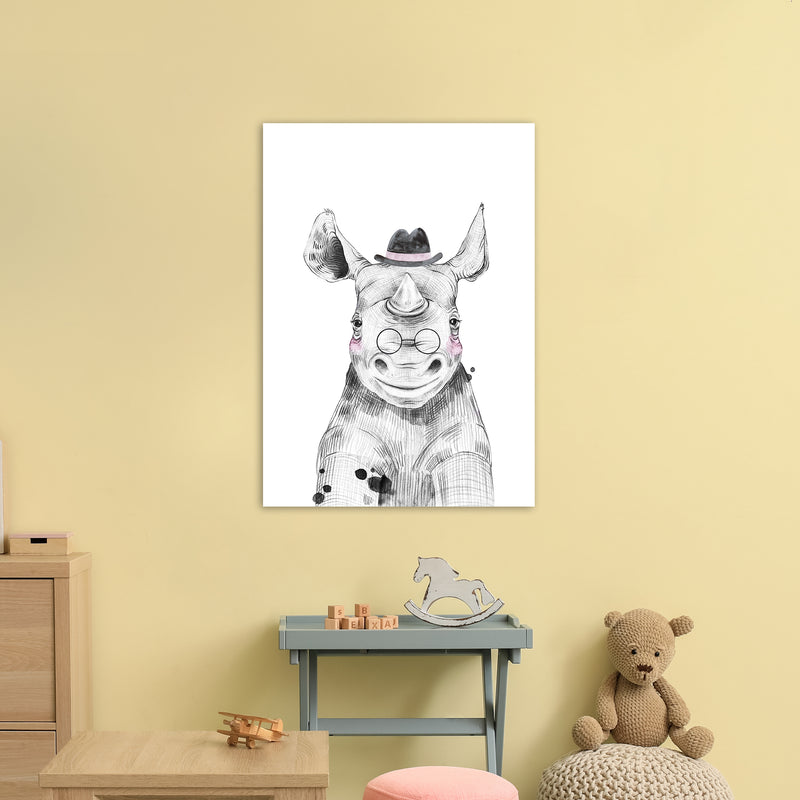 Safari Babies Rhino With Hat  Art Print by Pixy Paper A1 Black Frame