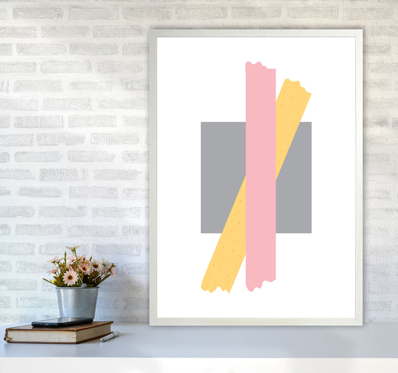 Grey Square With Pink And Yellow Bow Abstract Modern Print A1 Oak Frame