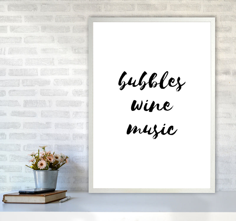 Bubbles Wine Music, Bathroom Framed Typography Wall Art Print A1 Oak Frame