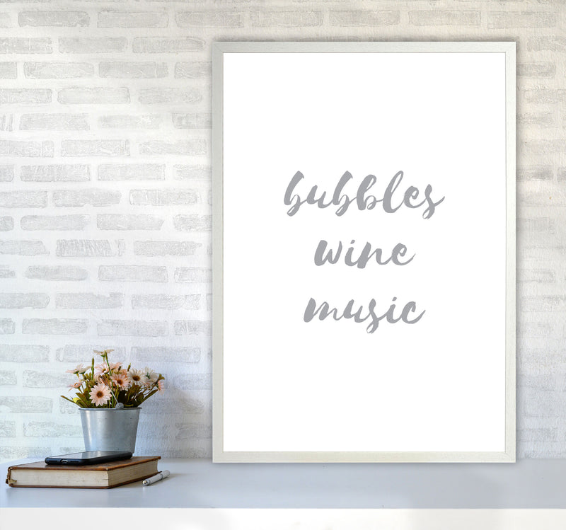 Bubbles Wine Music Grey, Bathroom Framed Typography Wall Art Print A1 Oak Frame