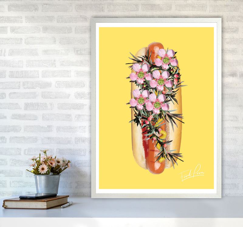 Yellow Hot Dog Food Print, Framed Kitchen Wall Art A1 Oak Frame