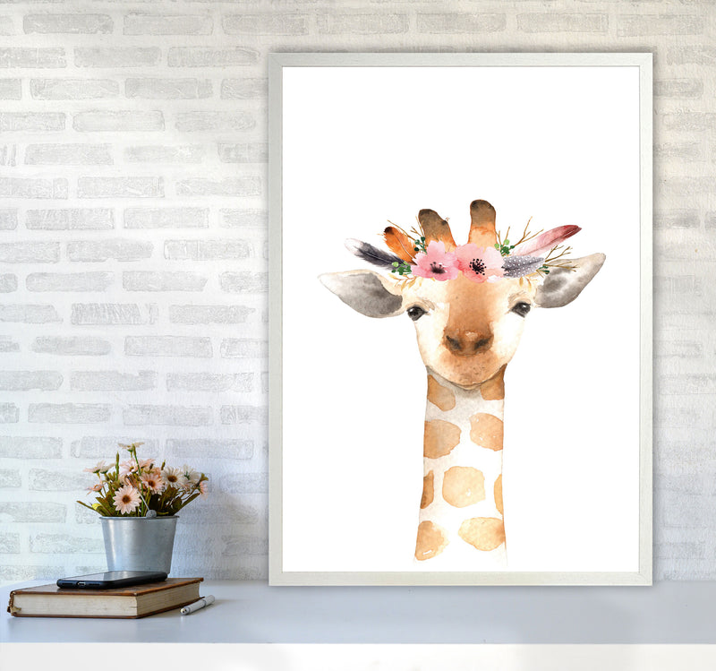 Forest Friends, Floral Cute Giraffe Modern Print Animal Art Print A1 Oak Frame
