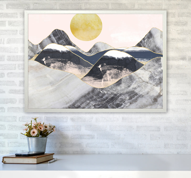 Gold Moon Navy Marble Mountains Landscape  Art Print by Pixy Paper A1 Oak Frame
