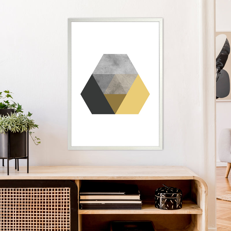 Geometric Mustard And Black Hexagon  Art Print by Pixy Paper A1 Oak Frame