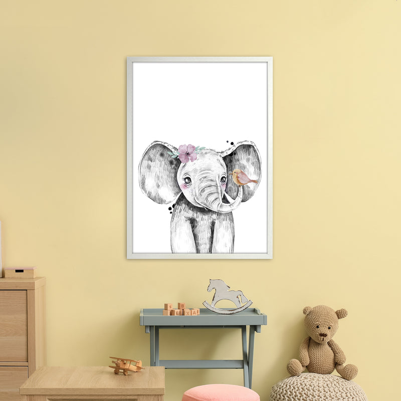 Safari Babies Elephant With Flower  Art Print by Pixy Paper A1 Oak Frame