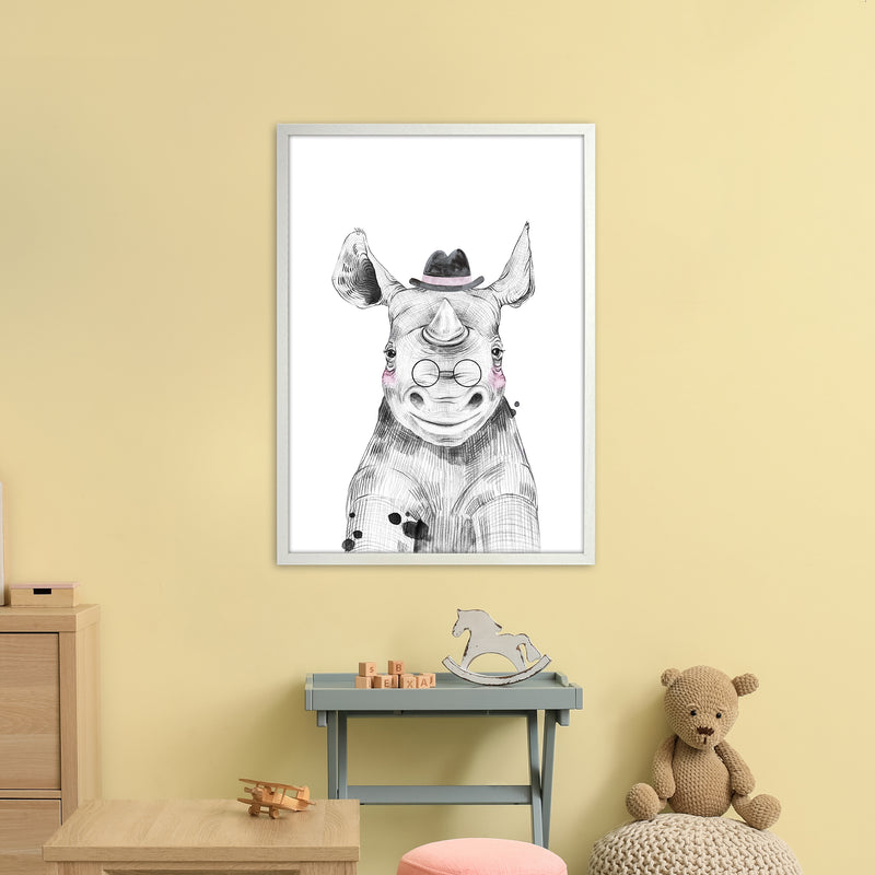 Safari Babies Rhino With Hat  Art Print by Pixy Paper A1 Oak Frame