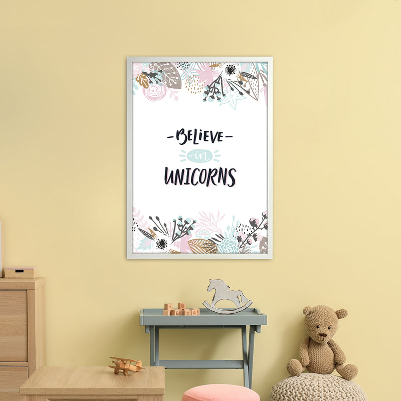 Believe In Unicorns Floral  Art Print by Pixy Paper A1 Oak Frame