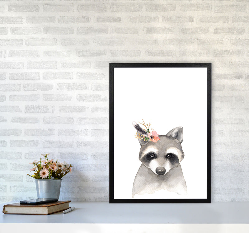 Forest Friends, Floral Cute Raccoon Modern Print Animal Art Print A2 White Frame