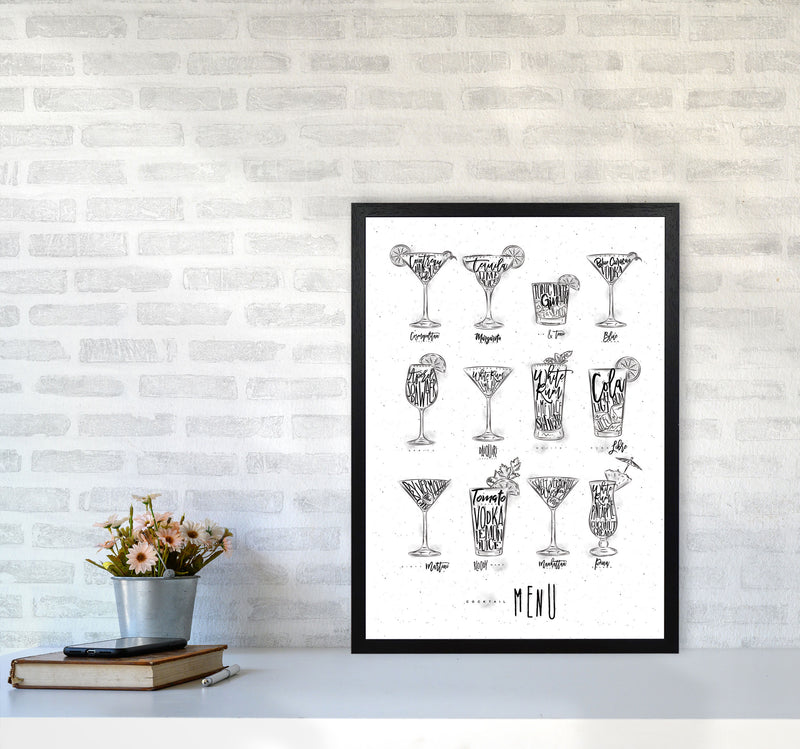 Cocktails Menu Modern Print, Framed Kitchen Wall Art A2 White Frame