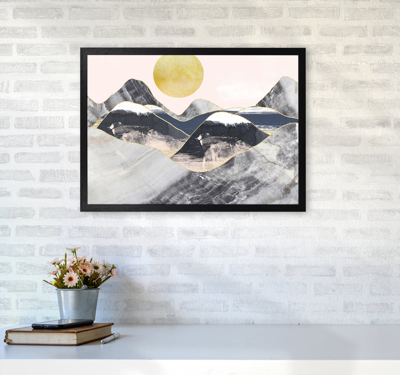 Gold Moon Navy Marble Mountains Landscape  Art Print by Pixy Paper A2 White Frame