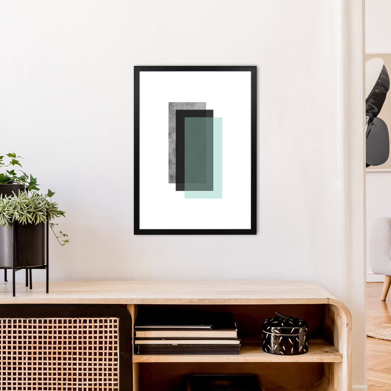 Geometric Mint And Black Rectangles  Art Print by Pixy Paper A2 White Frame