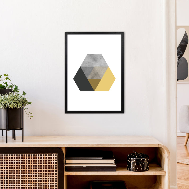 Geometric Mustard And Black Hexagon  Art Print by Pixy Paper A2 White Frame
