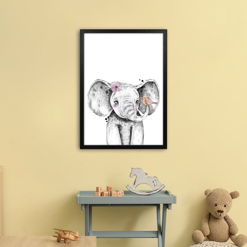 Safari Babies Elephant With Flower  Art Print by Pixy Paper A2 White Frame
