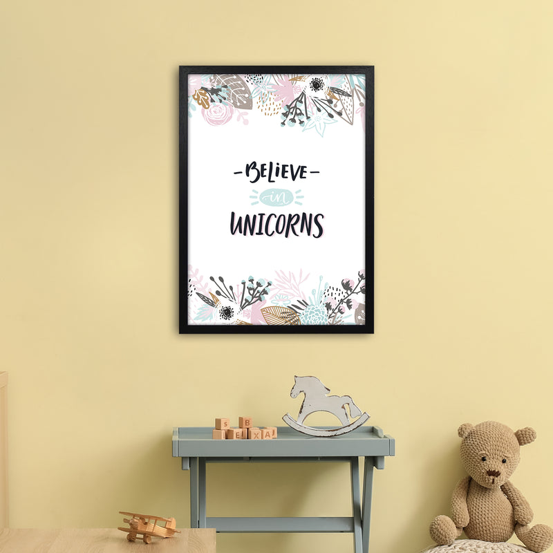 Believe In Unicorns Floral  Art Print by Pixy Paper A2 White Frame