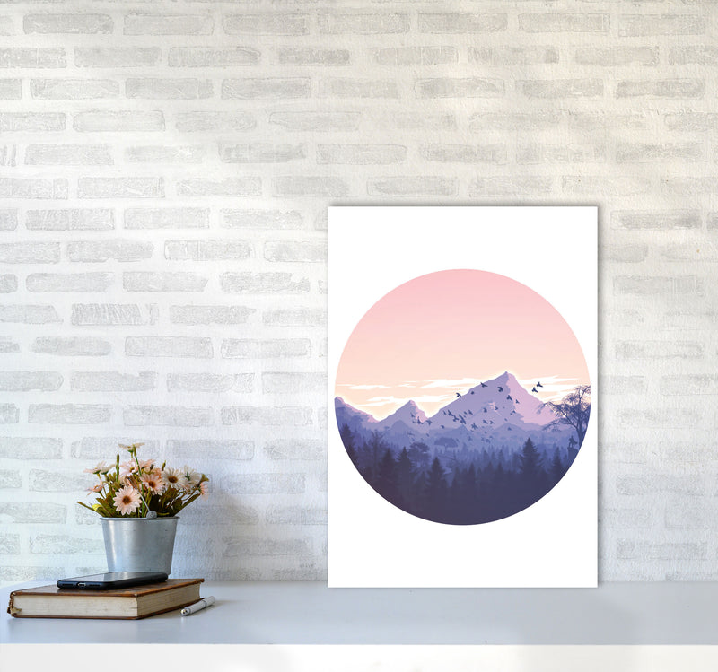 Pink Mountains Circle Abstract Modern Print A2 Black Frame