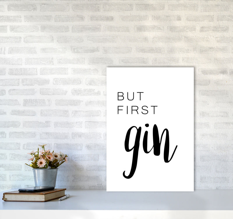 But First Gin Modern Print, Framed Kitchen Wall Art A2 Black Frame