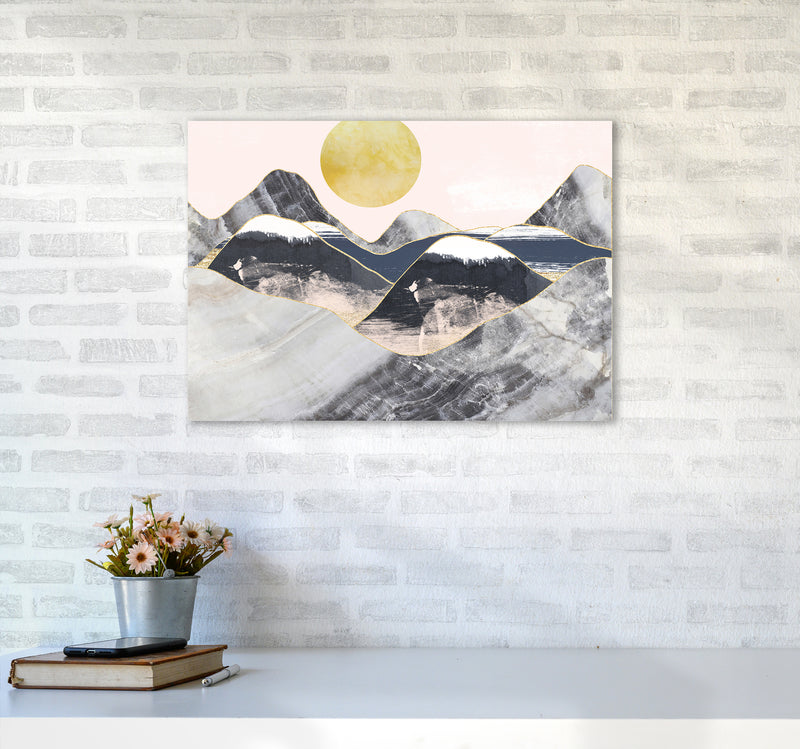 Gold Moon Navy Marble Mountains Landscape  Art Print by Pixy Paper A2 Black Frame