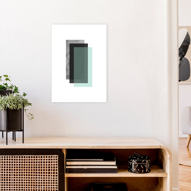 Geometric Mint And Black Rectangles  Art Print by Pixy Paper A2 Black Frame