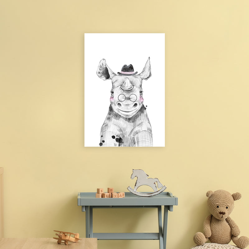 Safari Babies Rhino With Hat  Art Print by Pixy Paper A2 Black Frame
