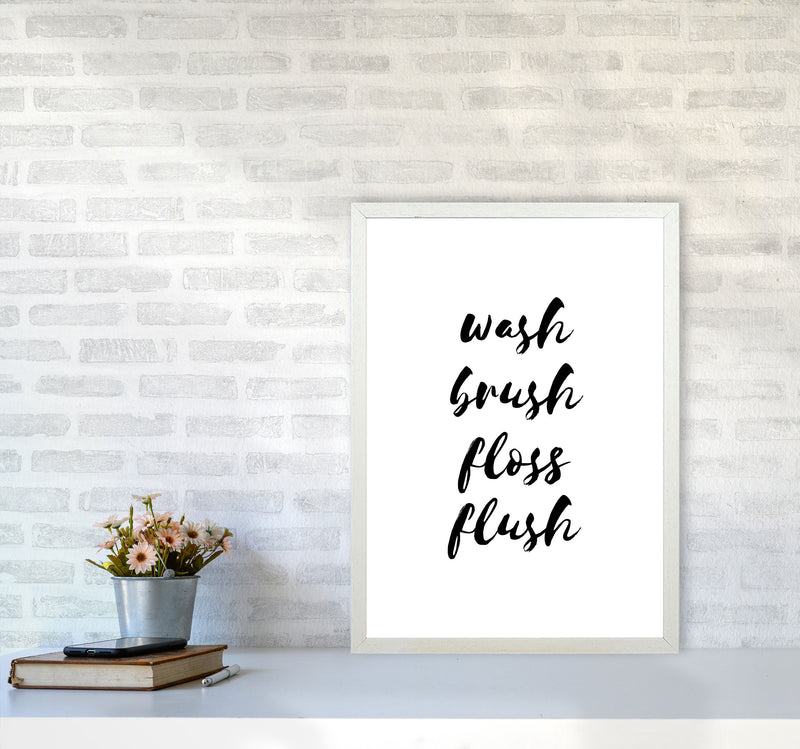 Wash Brush Floss Flush, Bathroom Modern Print, Framed Bathroom Wall Art A2 Oak Frame