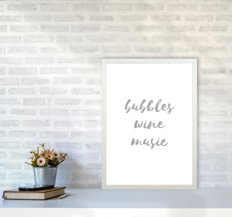 Bubbles Wine Music Grey, Bathroom Framed Typography Wall Art Print A2 Oak Frame