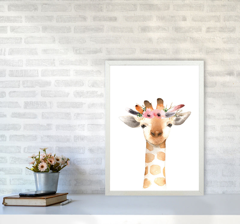 Forest Friends, Floral Cute Giraffe Modern Print Animal Art Print A2 Oak Frame