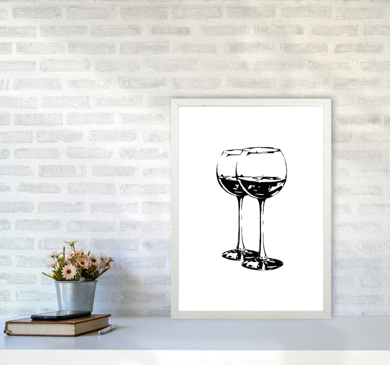 Black Wine Glasses Modern Print, Framed Kitchen Wall Art A2 Oak Frame