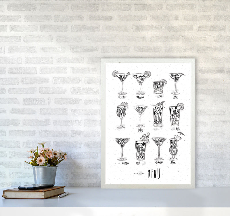 Cocktails Menu Modern Print, Framed Kitchen Wall Art A2 Oak Frame