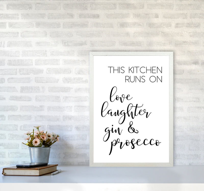 This Kitchen Runs On Love Laughter Gin & Prosecco Print, Framed Kitchen Wall Art A2 Oak Frame