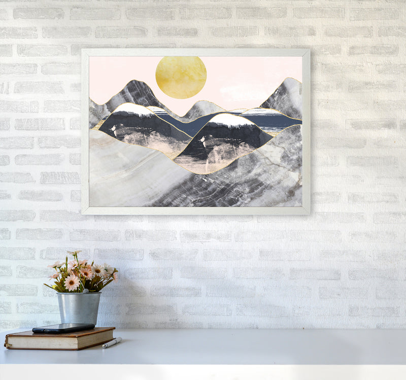 Gold Moon Navy Marble Mountains Landscape  Art Print by Pixy Paper A2 Oak Frame