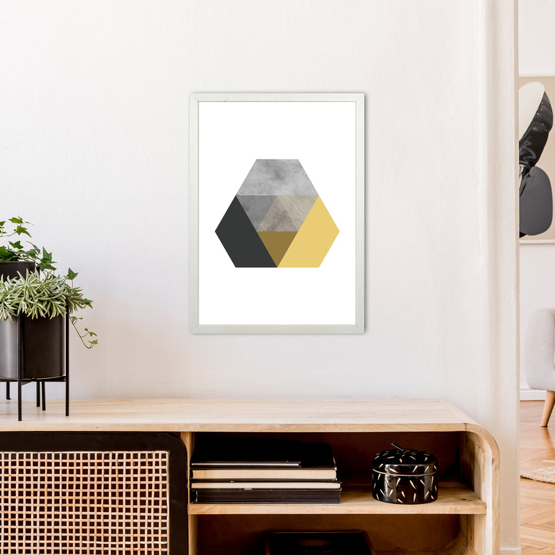 Geometric Mustard And Black Hexagon  Art Print by Pixy Paper A2 Oak Frame