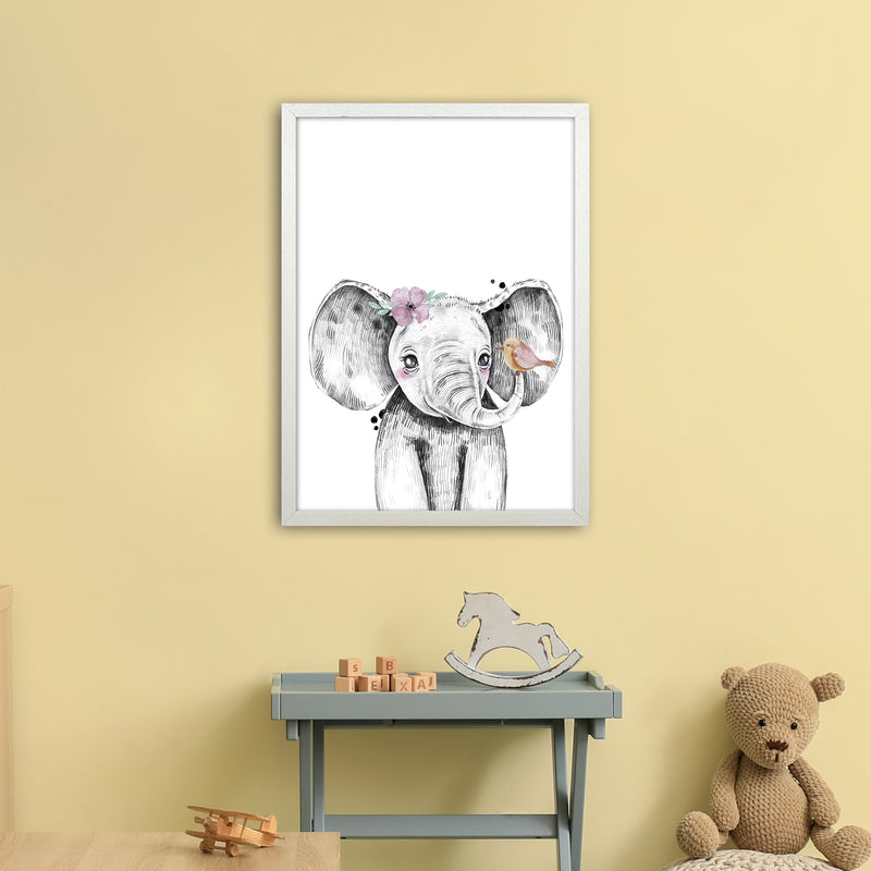 Safari Babies Elephant With Flower  Art Print by Pixy Paper A2 Oak Frame