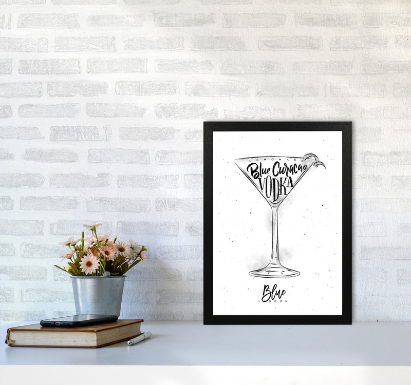 Blue Lagoon Cocktail Modern Print, Framed Kitchen Wall Art A3 White Frame