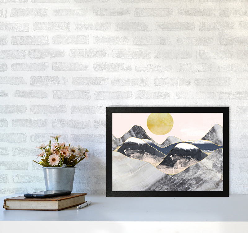 Gold Moon Navy Marble Mountains Landscape  Art Print by Pixy Paper A3 White Frame