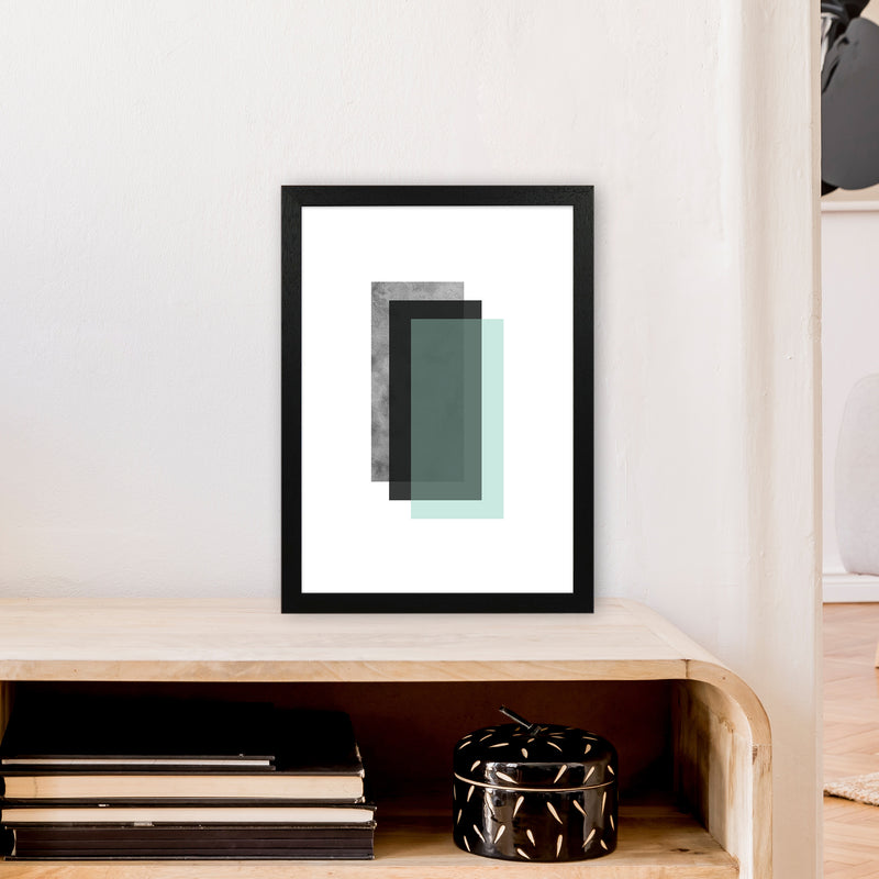Geometric Mint And Black Rectangles  Art Print by Pixy Paper A3 White Frame
