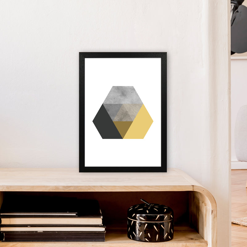 Geometric Mustard And Black Hexagon  Art Print by Pixy Paper A3 White Frame