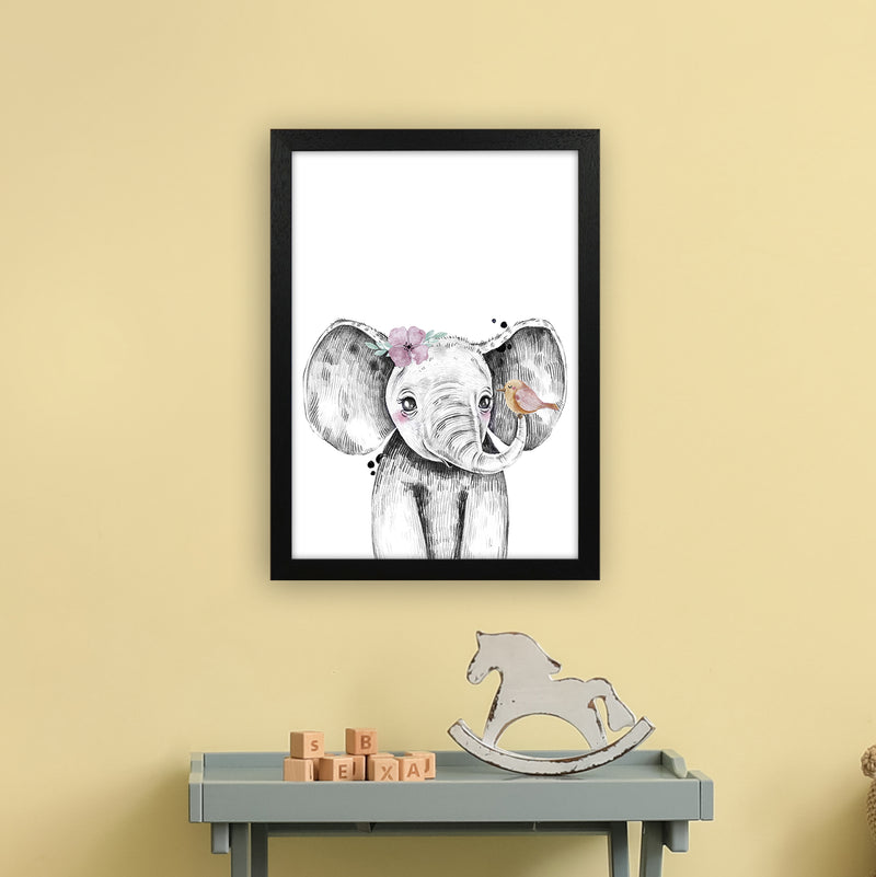 Safari Babies Elephant With Flower  Art Print by Pixy Paper A3 White Frame