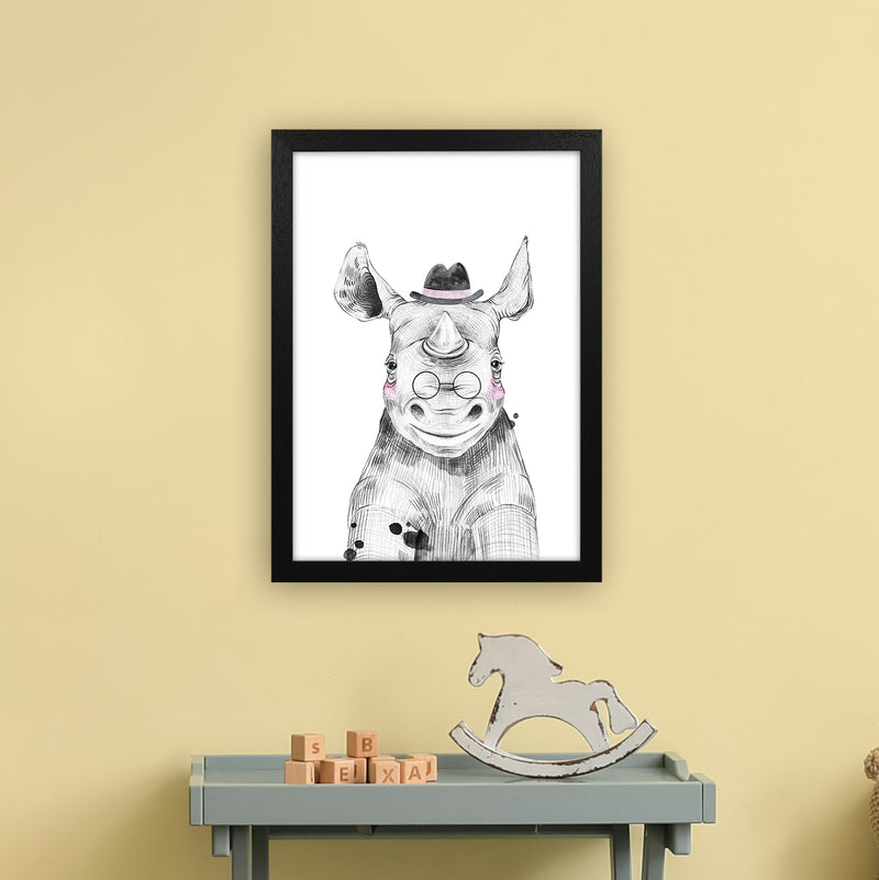 Safari Babies Rhino With Hat  Art Print by Pixy Paper A3 White Frame