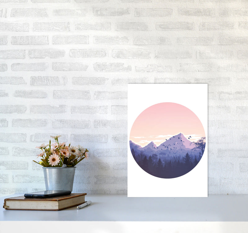 Pink Mountains Circle Abstract Modern Print A3 Black Frame