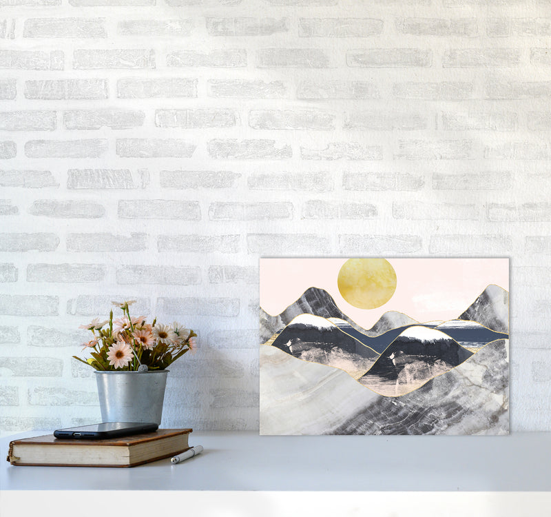 Gold Moon Navy Marble Mountains Landscape  Art Print by Pixy Paper A3 Black Frame
