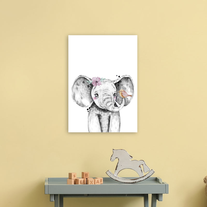 Safari Babies Elephant With Flower  Art Print by Pixy Paper A3 Black Frame