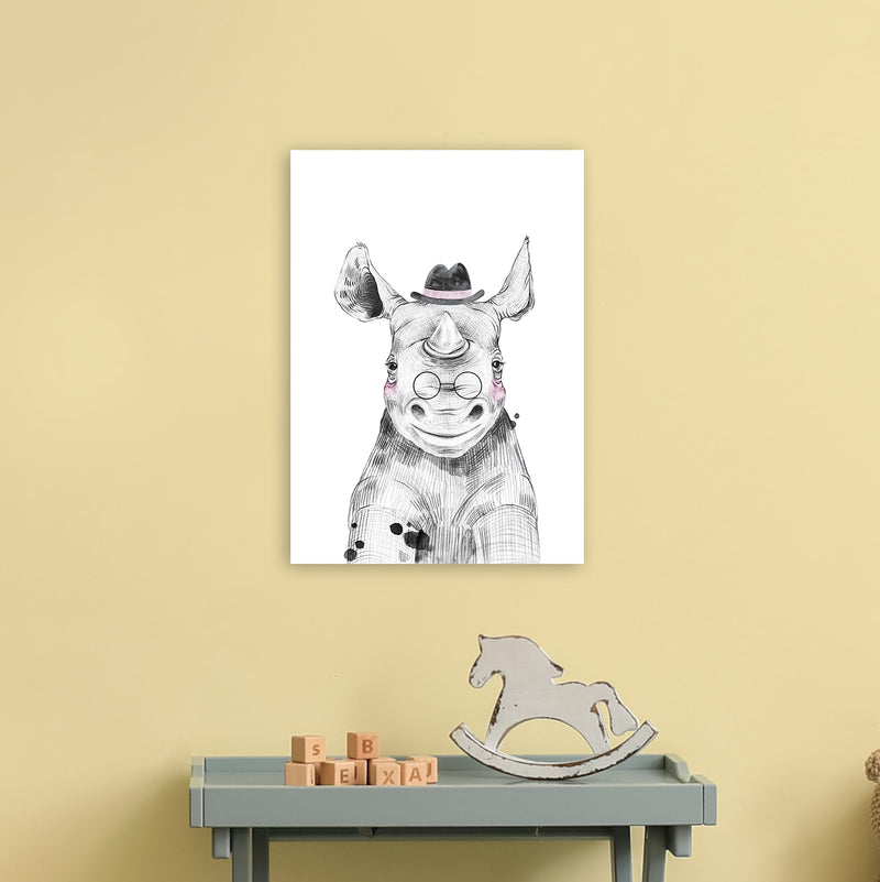 Safari Babies Rhino With Hat  Art Print by Pixy Paper A3 Black Frame