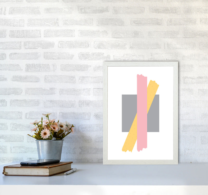 Grey Square With Pink And Yellow Bow Abstract Modern Print A3 Oak Frame