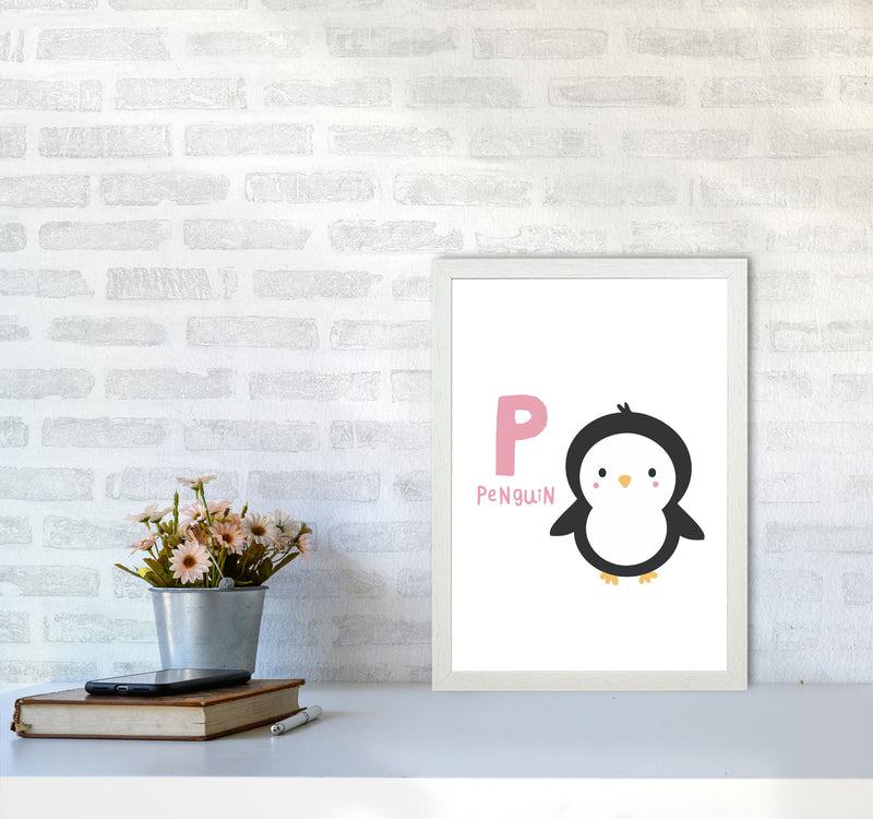 Alphabet Animals, P Is For Penguin Framed Nursey Wall Art Print A3 Oak Frame