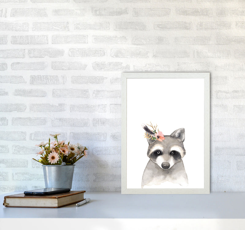 Forest Friends, Floral Cute Raccoon Modern Print Animal Art Print A3 Oak Frame