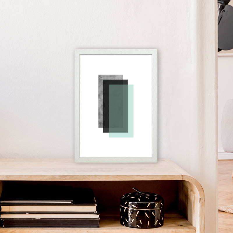 Geometric Mint And Black Rectangles  Art Print by Pixy Paper A3 Oak Frame